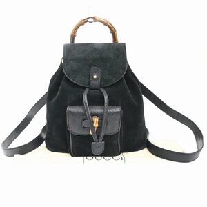 GUCCI Logo Bamboo Handle Mini Backpack Bag Suede Leather Black GHW Italy